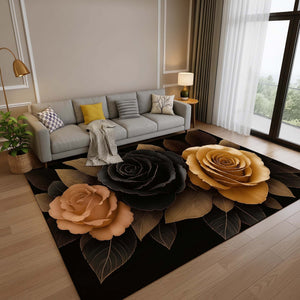 Anti Skid Rugs - Heavy Opulent Roses Design Rug – Premium Black & Gold Floral Carpet for Modern Homes