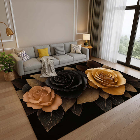 Anti Skid Rugs - Heavy Opulent Roses Design Rug – Premium Black & Gold Floral Carpet for Modern Homes