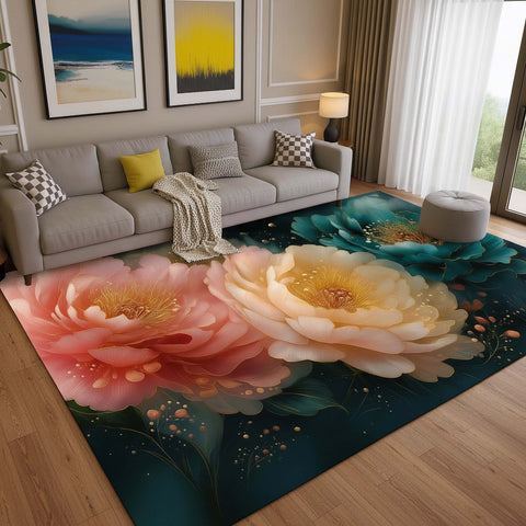 Anti Skid Rugs - Heavy Pastel Peony Floral Area Rug – Elegant Aqua Floral Carpet for Living Room & Bedroom