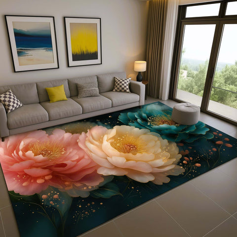 Anti Skid Rugs - Heavy Pastel Peony Floral Area Rug – Elegant Aqua Floral Carpet for Living Room & Bedroom