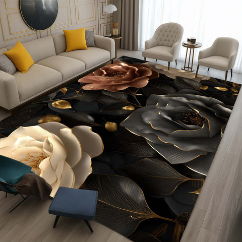 Anti Skid Rugs - Heavy Premium Floral Art Non-Slip Luxury Black & Gold Flower Carpet for Bedroom & Hall