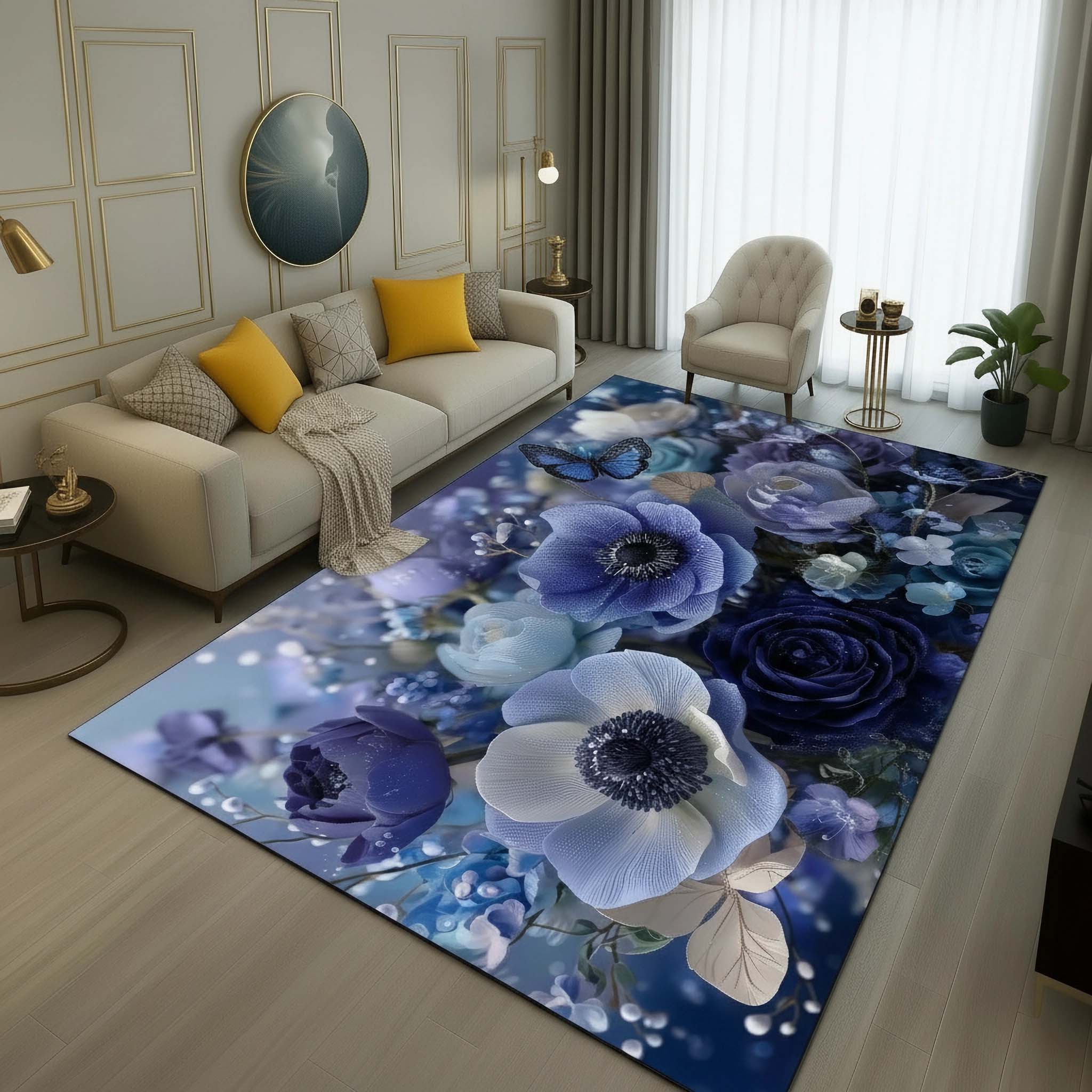 Anti Skid Rugs - Heavy Royal Blue Garden Non-Slip Modern Luxury Floral Design for Home Decor
