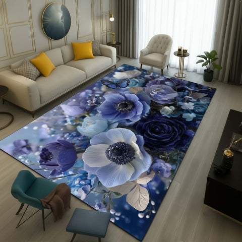 Anti Skid Rugs - Heavy Royal Blue Garden Non-Slip Modern Luxury Floral Design for Home Decor