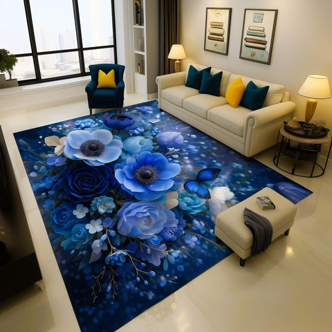 Anti Skid Rugs - Heavy Royal Blue Garden Non-Slip Modern Luxury Floral Design for Home Decor