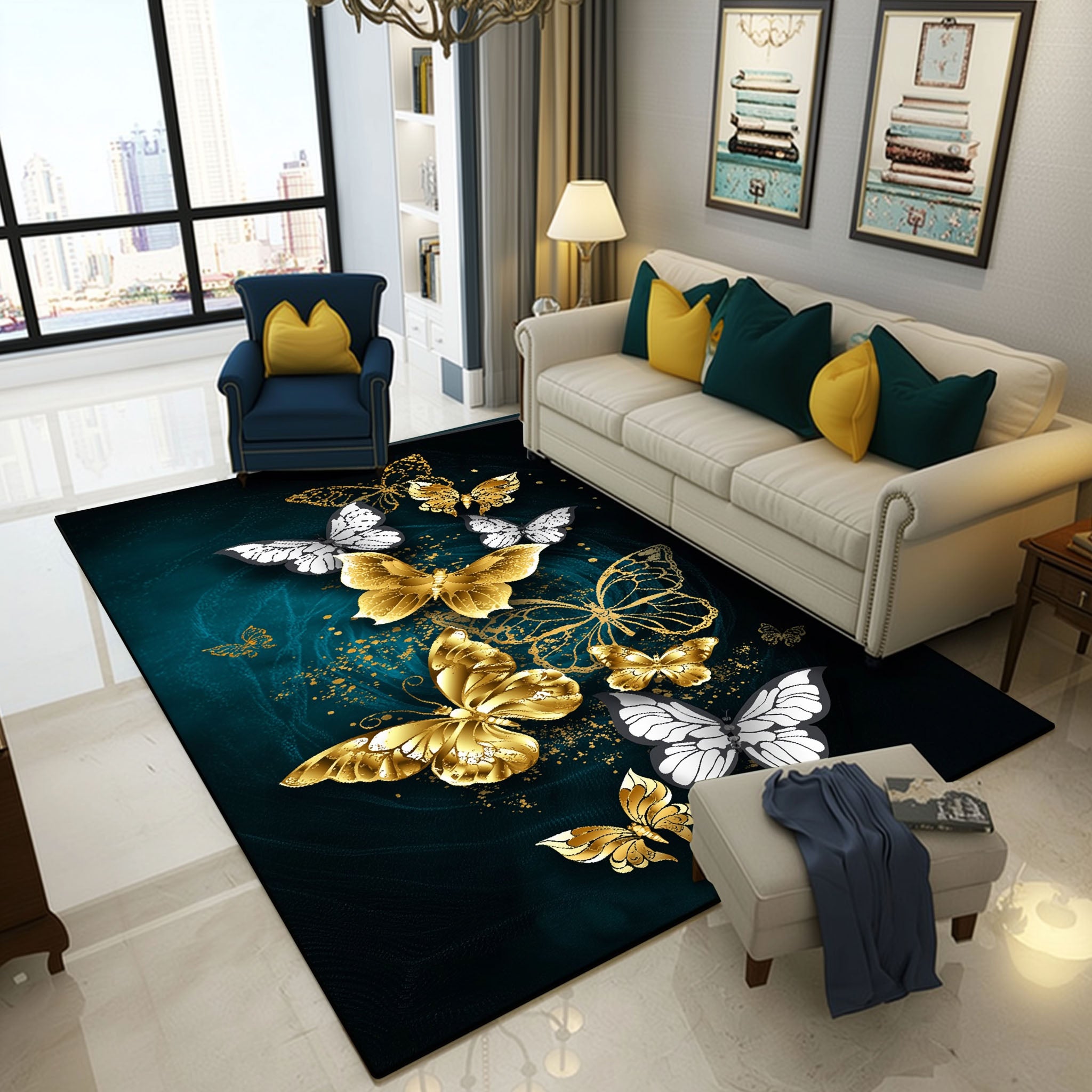 Anti Skid Rugs - Heavy Royal Golden Butterfly Aurora Non-Slip Carpet for Living Room Bedroom Dining Home Office