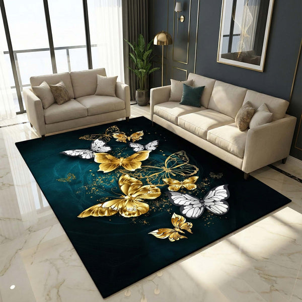 Anti Skid Rugs - Heavy Royal Golden Butterfly Aurora Non-Slip Carpet for Living Room Bedroom Dining Home Office