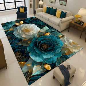 Anti Skid Rugs - Heavy Teal & Ivory Floral Non-Slip Luxury Modern Carpet with Gold Accents