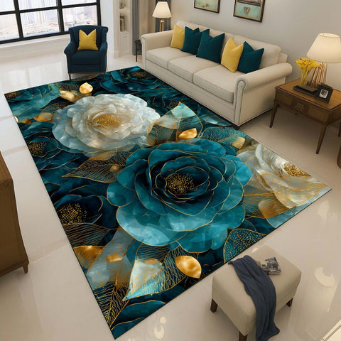 Anti Skid Rugs - Heavy Teal & Ivory Floral Non-Slip Luxury Modern Carpet with Gold Accents