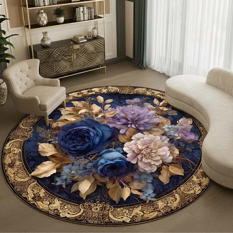 Anti Skid Rugs Non-Slip Designer Luxury Look Round Rug – Celestial Indigo & Orchid Blossom Floral Carpet for Modern Homes