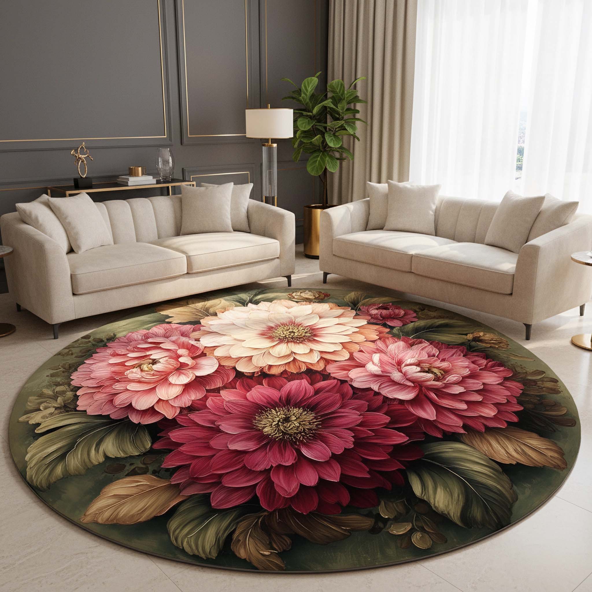 Anti Skid Rugs Non-Slip Elegant Coral & Peach Dahlia Round Rug – Soft ...