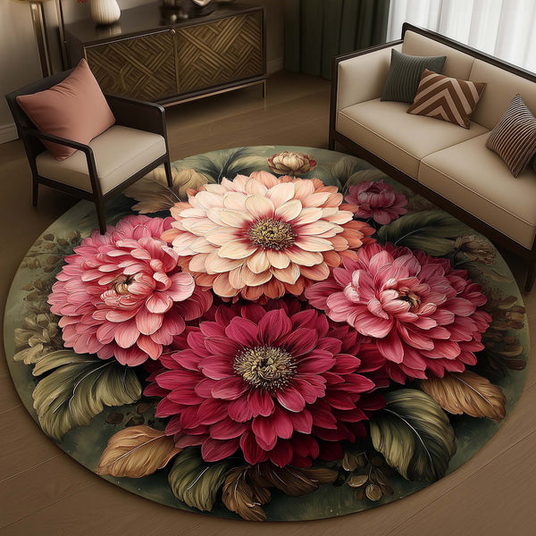 Anti Skid Rugs Non-Slip Elegant Coral & Peach Dahlia Round Rug – Soft Floral Accent for Modern Homes