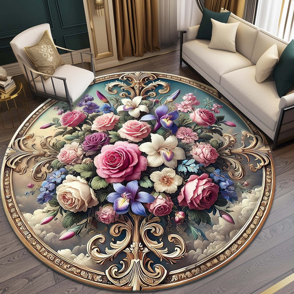 Anti Skid Rugs Non-Slip Round Enchanted Floral Roses Heavy Carpet for Living Room