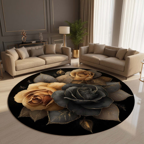 Anti Skid Rugs Non-Slip Luxury Dark Roses Round Rug – Black, Gold & Charcoal Floral Carpet for Modern Homes