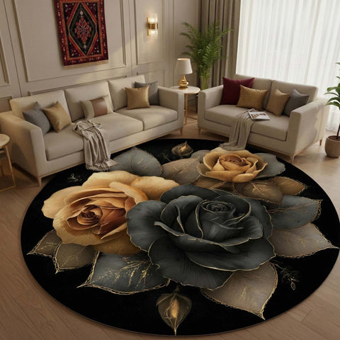 Anti Skid Rugs Non-Slip Luxury Dark Roses Round Rug – Black, Gold & Charcoal Floral Carpet for Modern Homes v2