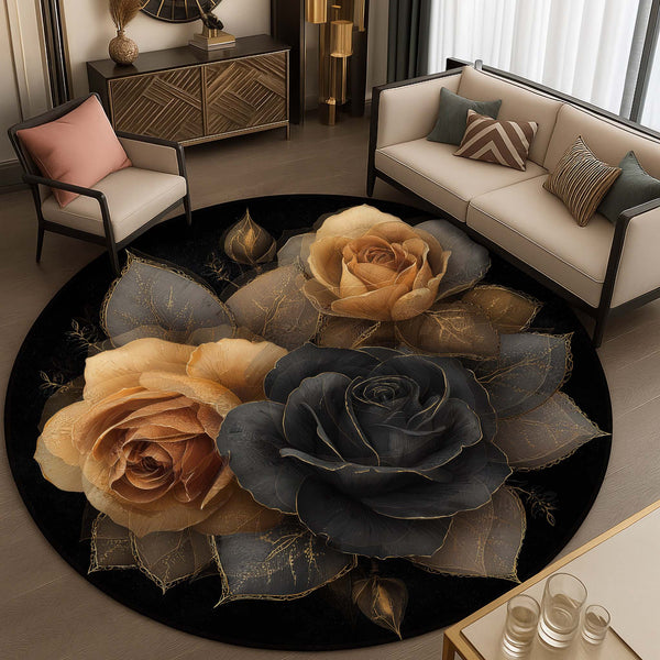 Anti Skid Rugs Non-Slip Luxury Dark Roses Round Rug – Black, Gold & Charcoal Floral Carpet for Modern Homes
