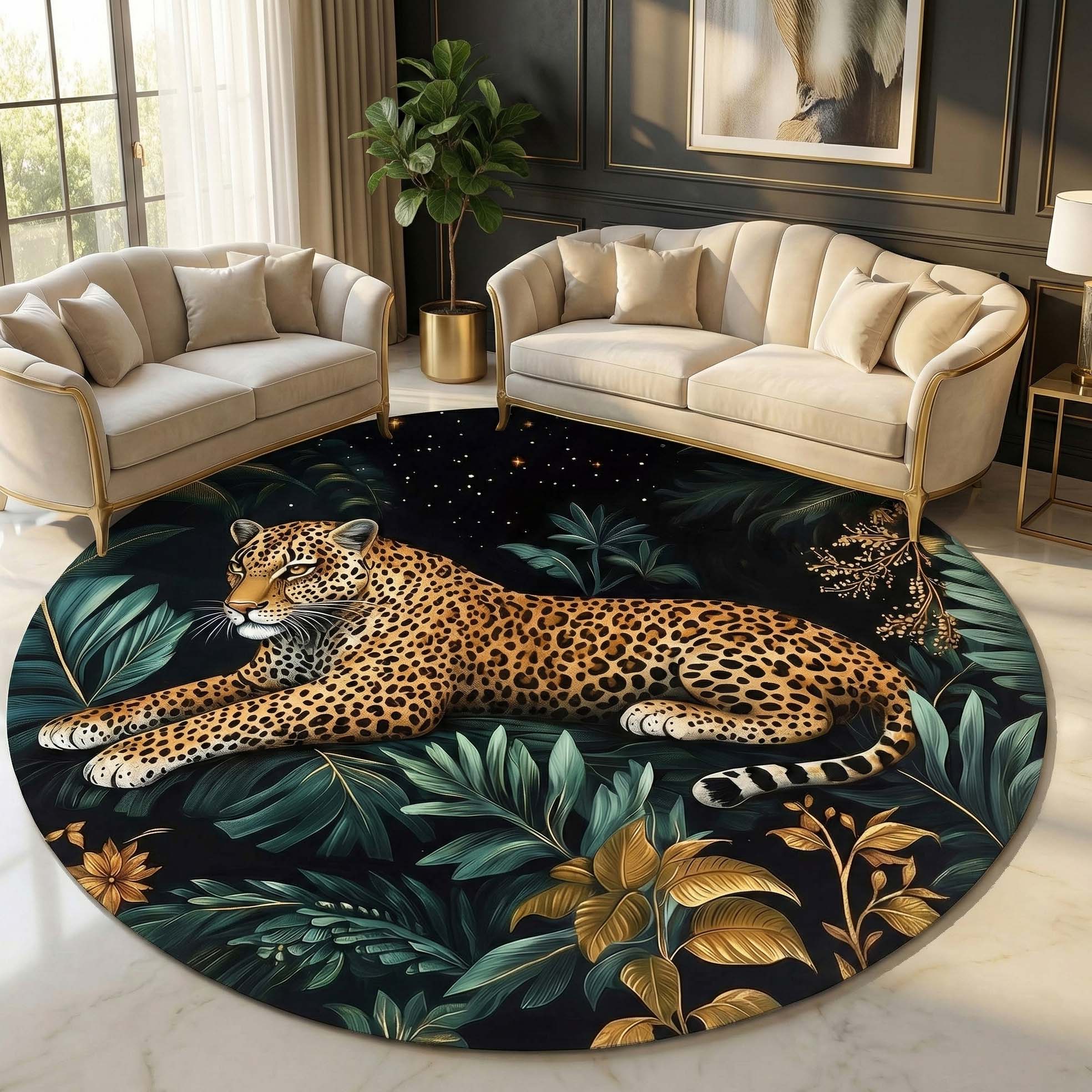 Anti Skid Rugs Non-Slip Luxury Leopard Round Rug – Jungle Theme Carpet for Modern Living Rooms