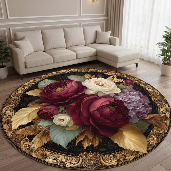 Anti Skid Rugs Non-Slip Premium Roses Round Rug – Crimson Bloom & Golden Pearl Floral Carpet for Modern Homes