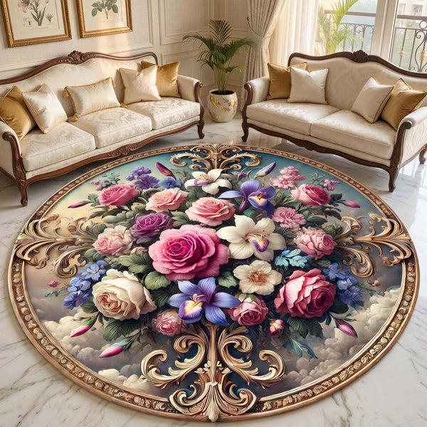 Anti Skid Rugs Non-Slip Round Enchanted Floral Roses Heavy Carpet for Living Room