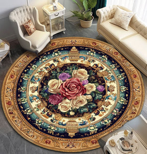 Anti Skid Rugs Non-Slip Round Persian Floral Ethnic Pattern Heavy Carpet for Living Room Bedroom Dining Home Office