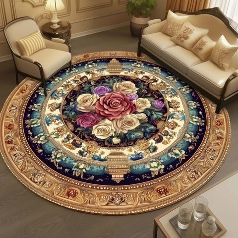 Anti Skid Rugs Non-Slip Round Persian Floral Ethnic Pattern Heavy Carpet for Living Room Bedroom Dining Home Office