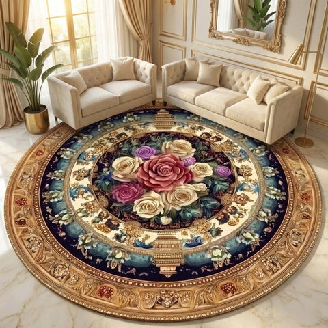 Anti Skid Rugs Non-Slip Round Persian Floral Ethnic Pattern Heavy Carpet for Living Room Bedroom Dining Home Office