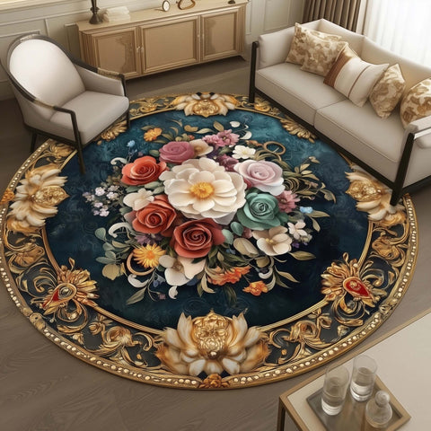 Anti Skid Rugs Non-Slip Round Royal Floral Roses Heavy Carpet
