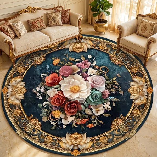 Anti Skid Rugs Non-Slip Round Royal Floral Roses Heavy Carpet