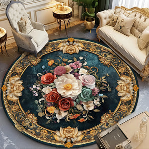 Anti Skid Rugs Non-Slip Round Royal Floral Roses Heavy Carpet