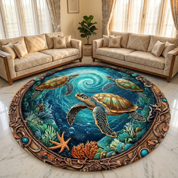 Anti Skid Rugs Non-Slip Round Sea Turtle Rug – Premium Underwater Theme Heavy Carpet for Coastal Vibes in Living Room Bedroom