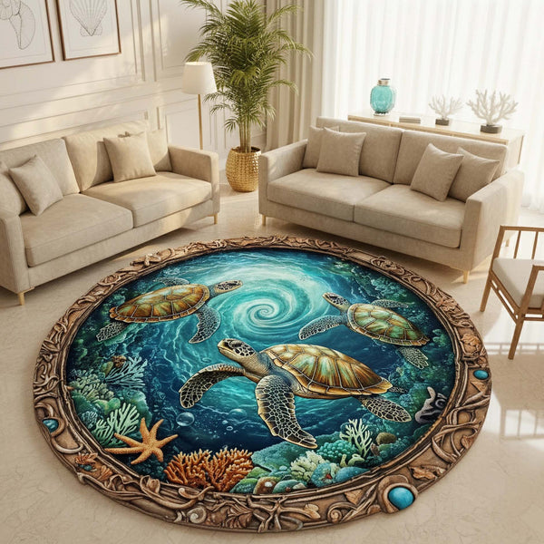 Anti Skid Rugs Non-Slip Round Sea Turtle Rug – Premium Underwater Theme Heavy Carpet for Coastal Vibes in Living Room Bedroom