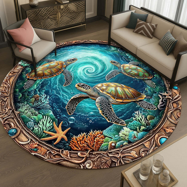 Anti Skid Rugs Non-Slip Round Sea Turtle Rug – Premium Underwater Theme Heavy Carpet for Coastal Vibes in Living Room Bedroom
