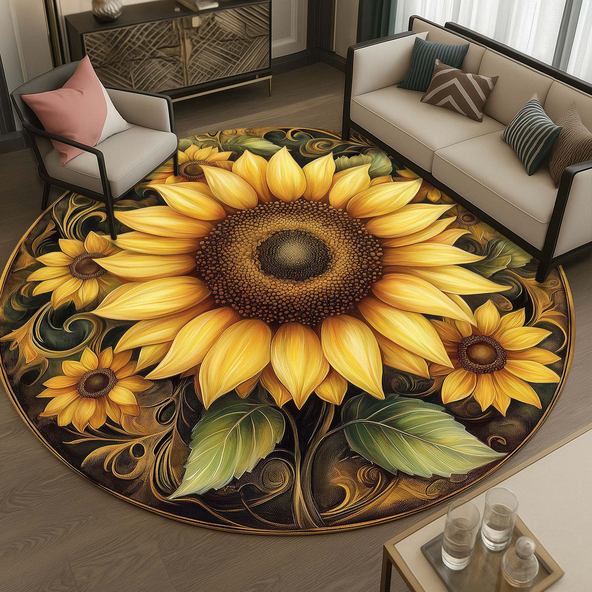 Anti Skid Rugs Non-Slip Sunflower Round Rug – Bright & Cheerful Floral ...