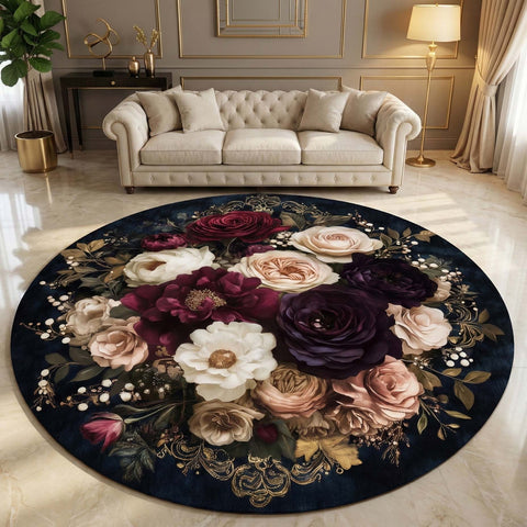 Anti Skid Rugs Non-Slip Vintage Floral Bouquet Round Rug – Elegant Dark Rose Bloom Carpet for Living Room & Bedroom Decor