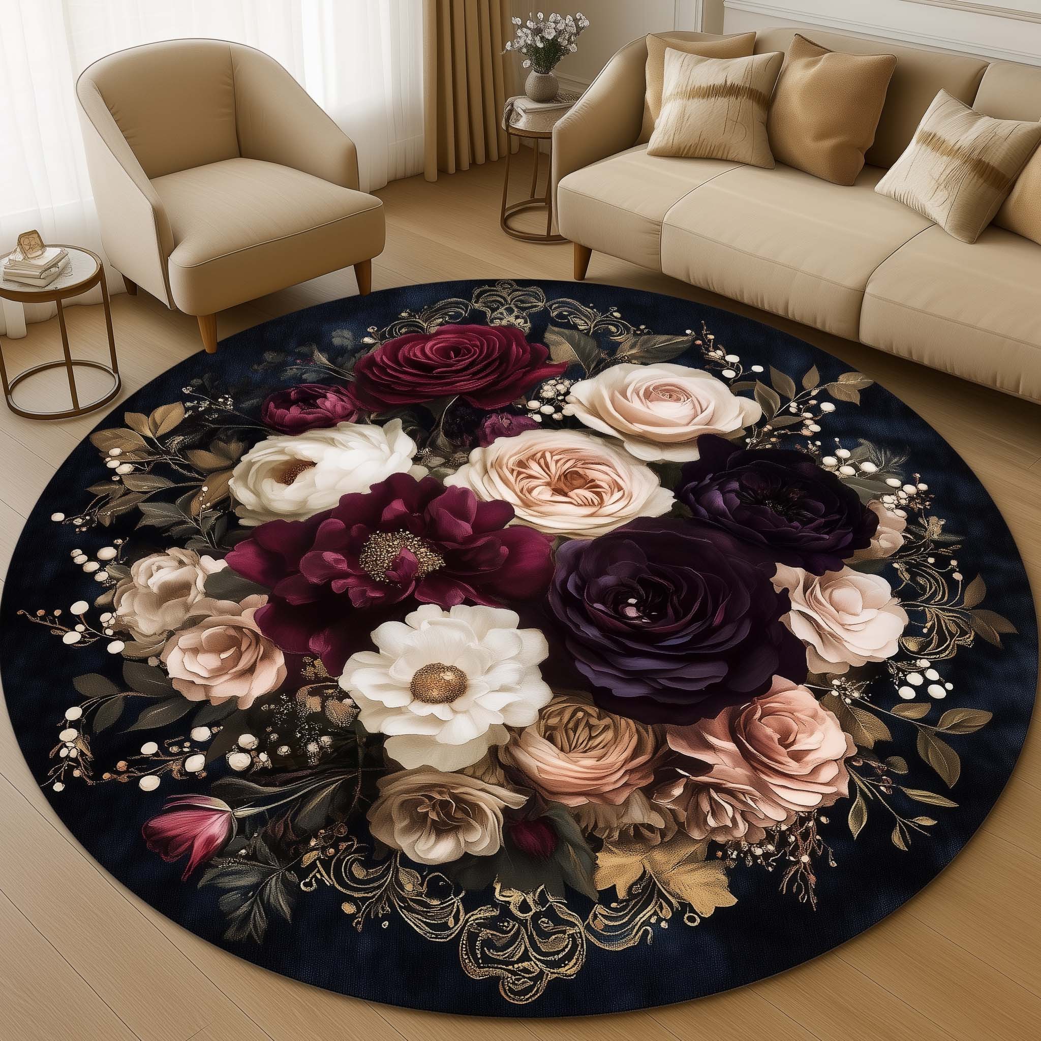 Anti Skid Rugs Non-Slip Vintage Floral Bouquet Round Rug – Elegant Dar ...