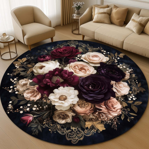 Anti Skid Rugs Non-Slip Vintage Floral Bouquet Round Rug – Elegant Dark Rose Bloom Carpet for Living Room & Bedroom Decor
