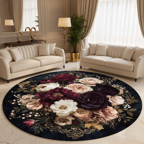 Anti Skid Rugs Non-Slip Vintage Floral Bouquet Round Rug – Elegant Dark Rose Bloom Carpet for Living Room & Bedroom Decor