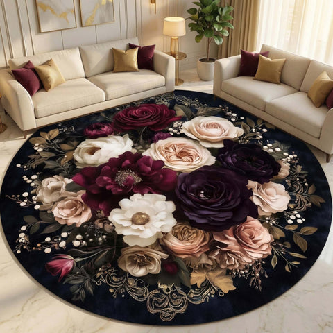 Anti Skid Rugs Non-Slip Vintage Floral Bouquet Round Rug – Elegant Dark Rose Bloom Carpet for Living Room & Bedroom Decor