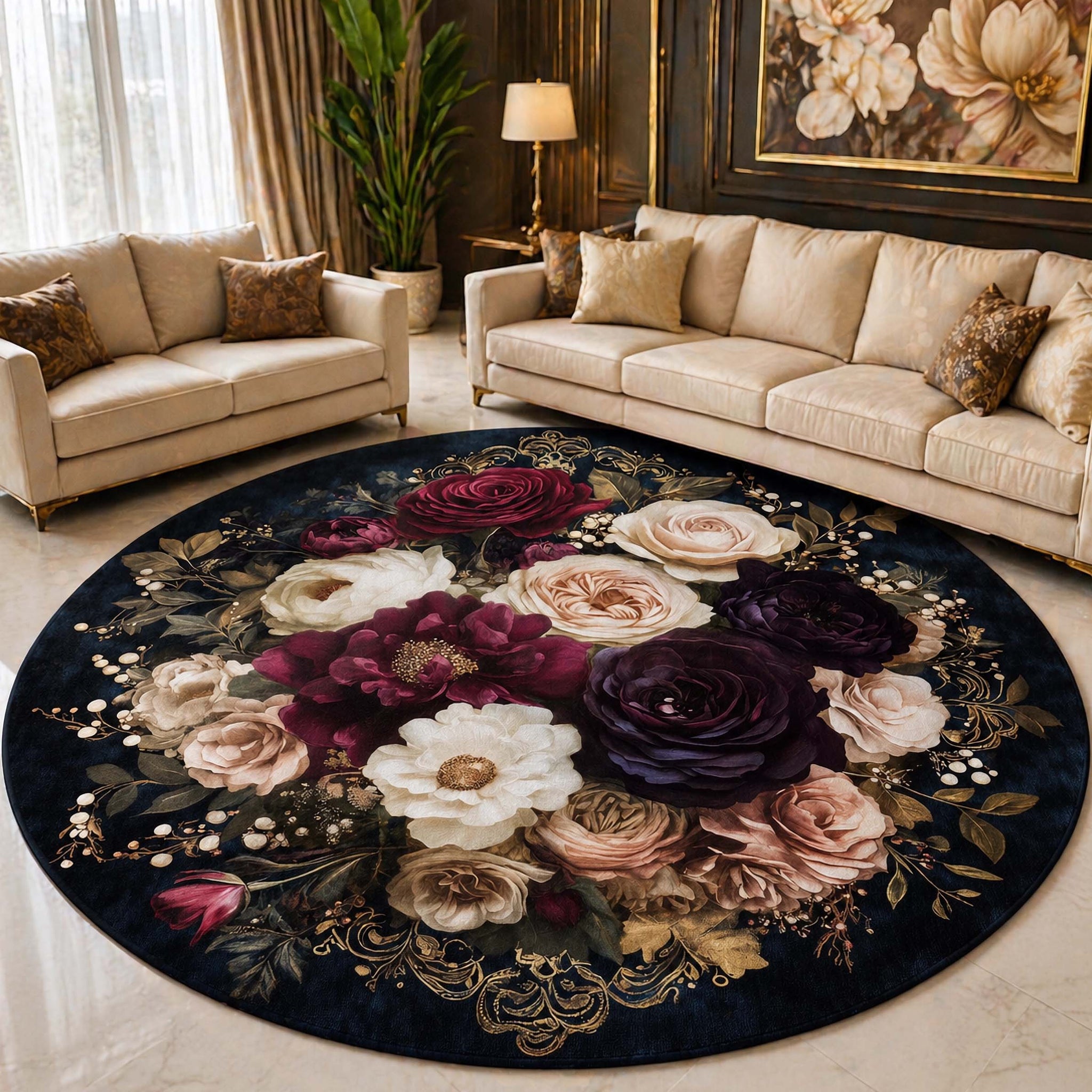 Anti Skid Rugs Non-Slip Vintage Floral Bouquet Round Rug – Elegant