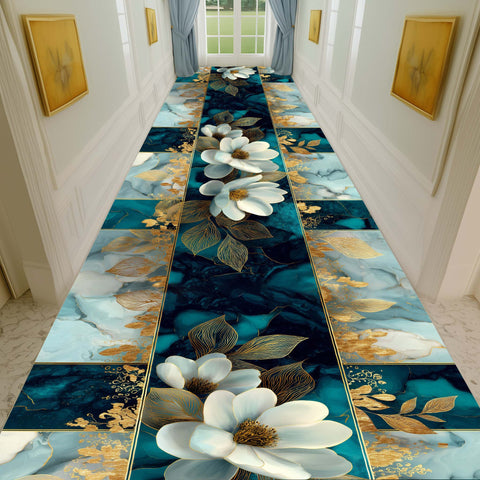 Anti Skid Runners - Elegant Magnolia & Gold Floral Runner Mat – Soft Non-Slip Rugs for Hallway, Bedside, Corridor