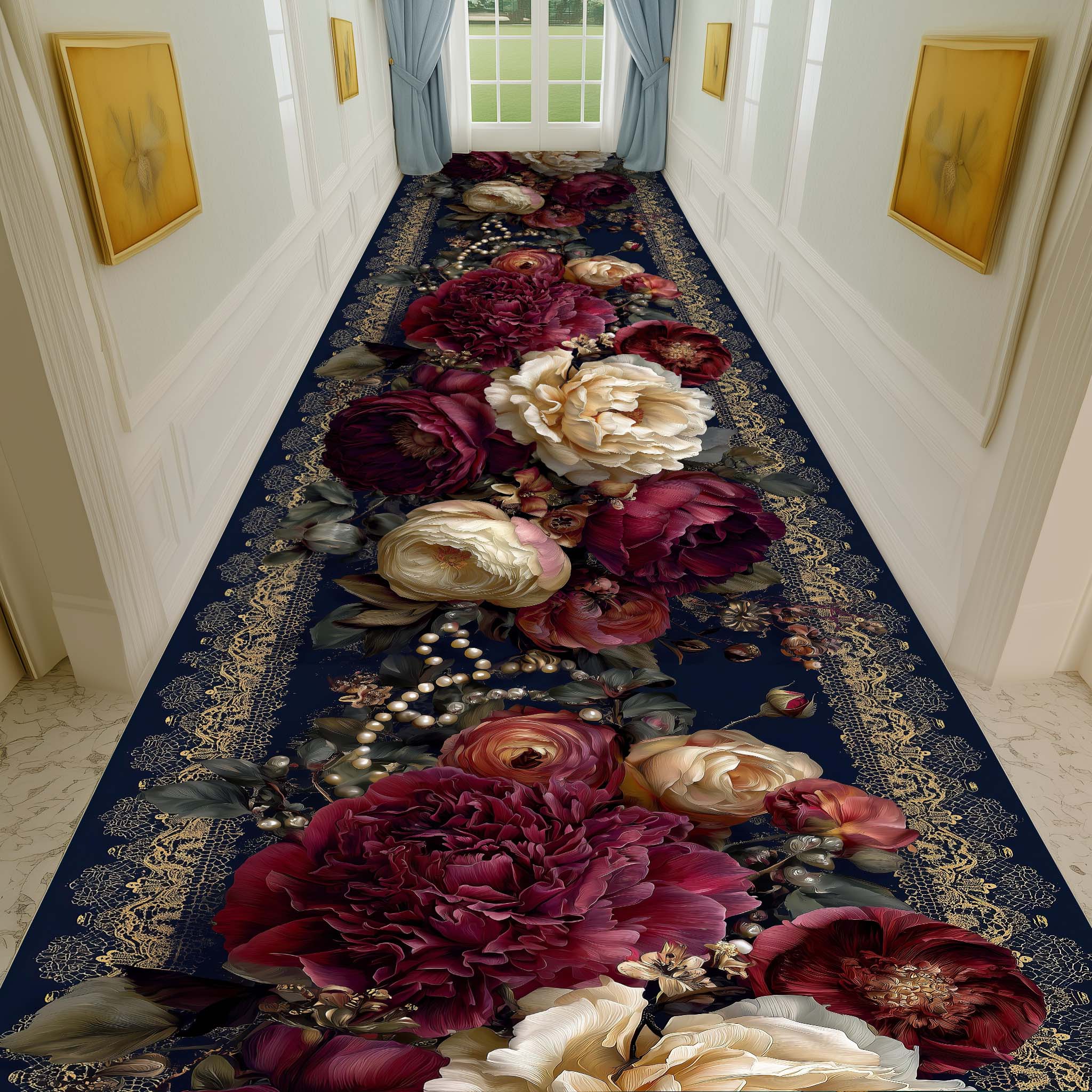 Anti Skid Runners - Luxury Burgundy Rose Runner Mat – Soft Non-Slip Rugs for Hallway, Bedside, Corridor