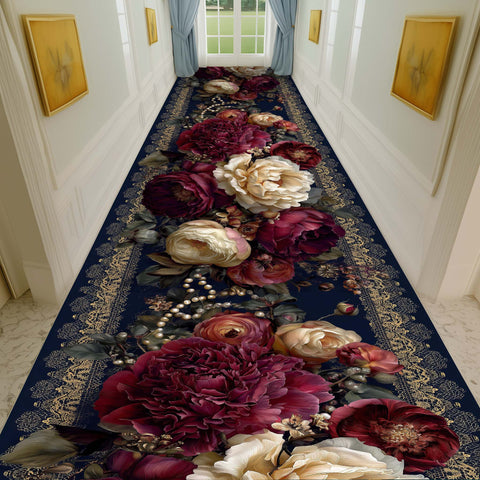 Anti Skid Runners - Luxury Burgundy Rose Runner Mat – Soft Non-Slip Rugs for Hallway, Bedside, Corridor