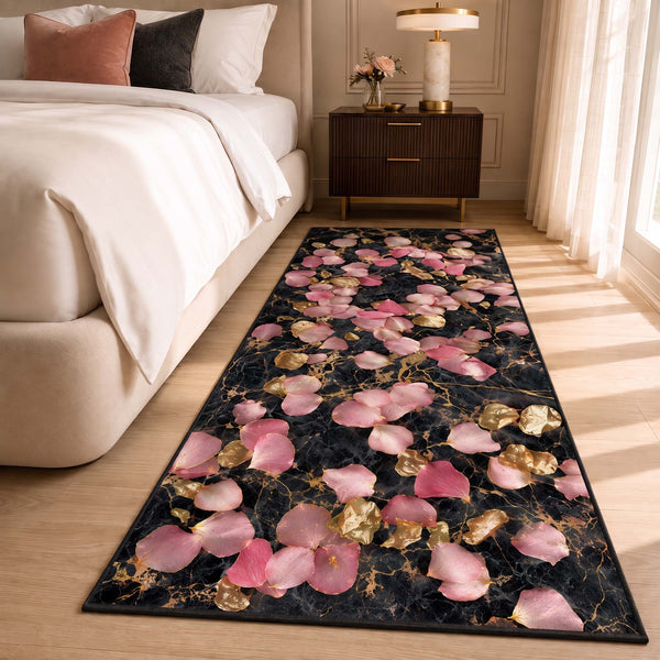 Anti Skid Runners - Luxury Marble Rose Petal Gold Accent Runner Mat – Soft Non-Slip Rugs for Hallway, Bedside, Corridor