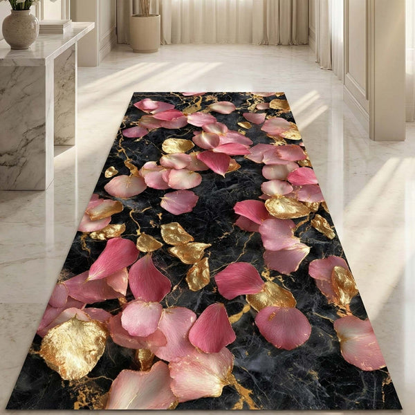 Anti Skid Runners - Luxury Marble Rose Petal Gold Accent Runner Mat – Soft Non-Slip Rugs for Hallway, Bedside, Corridor