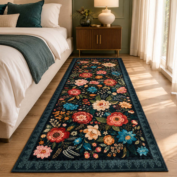 Anti Skid Runners - Midnight Floral Garden - Non-Slip Rugs for Hallway, Bedside, Corridor