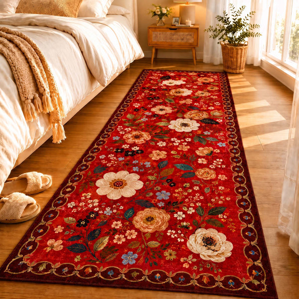 Anti Skid Runners - Royal Scarlet Floral Garden - Non-Slip Rugs for Hallway, Bedside, Corridor
