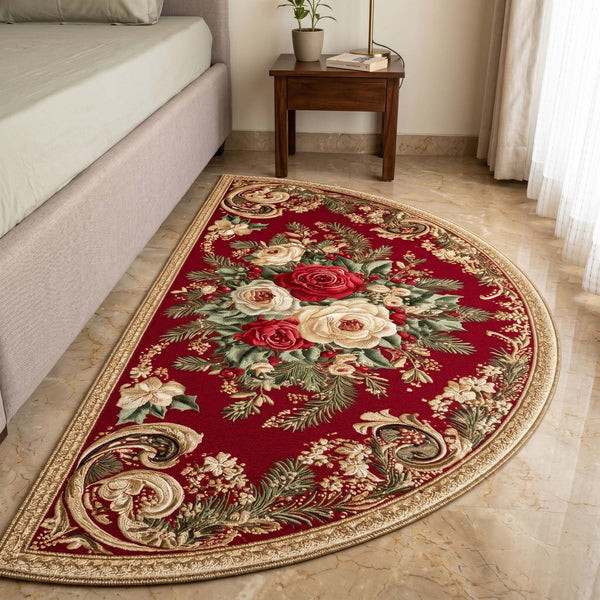 Anti Skid Vintage Rose Designer Bedside Mat – Non-Slip Half Moon Rug