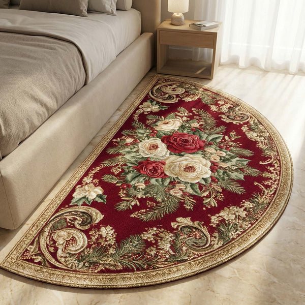 Anti Skid Vintage Rose Designer Bedside Mat – Non-Slip Half Moon Rug