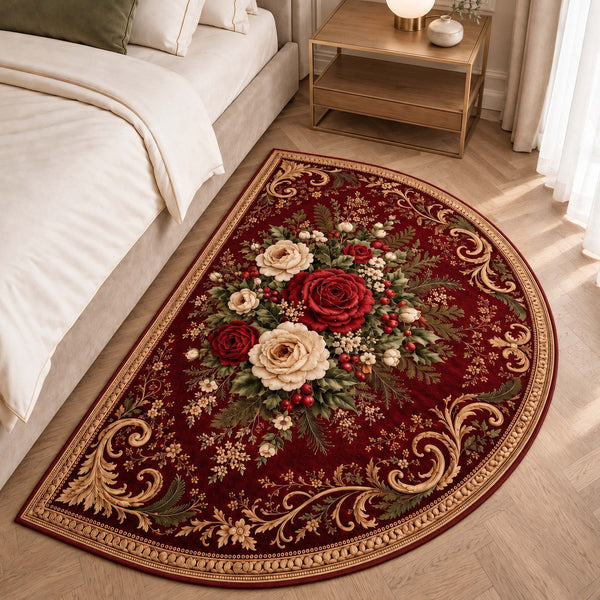 Anti Skid Vintage Rose Designer Bedside Mat – Non-Slip Semi Moon Rug