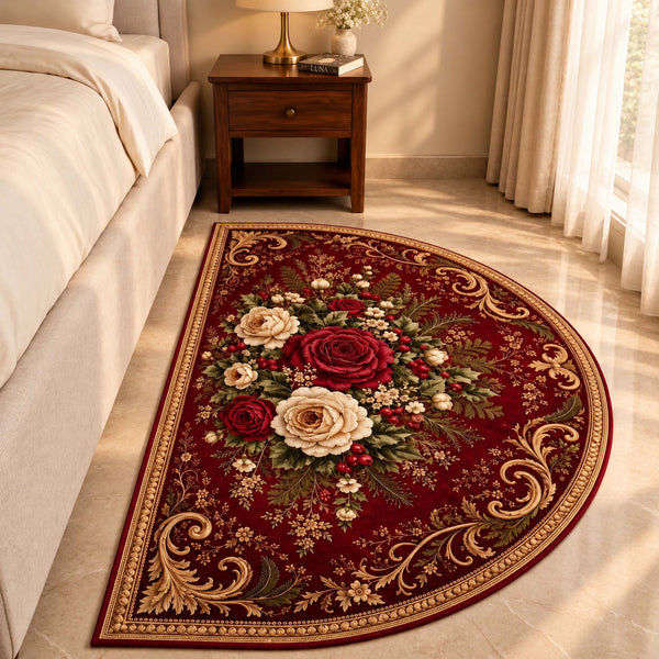 Anti Skid Vintage Rose Designer Bedside Mat – Non-Slip Semi Moon Rug
