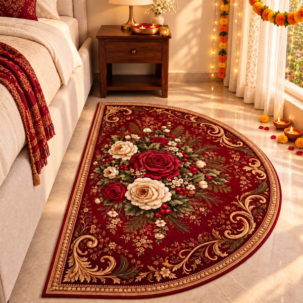Anti Skid Vintage Rose Designer Bedside Mat – Non-Slip Semi Moon Rug